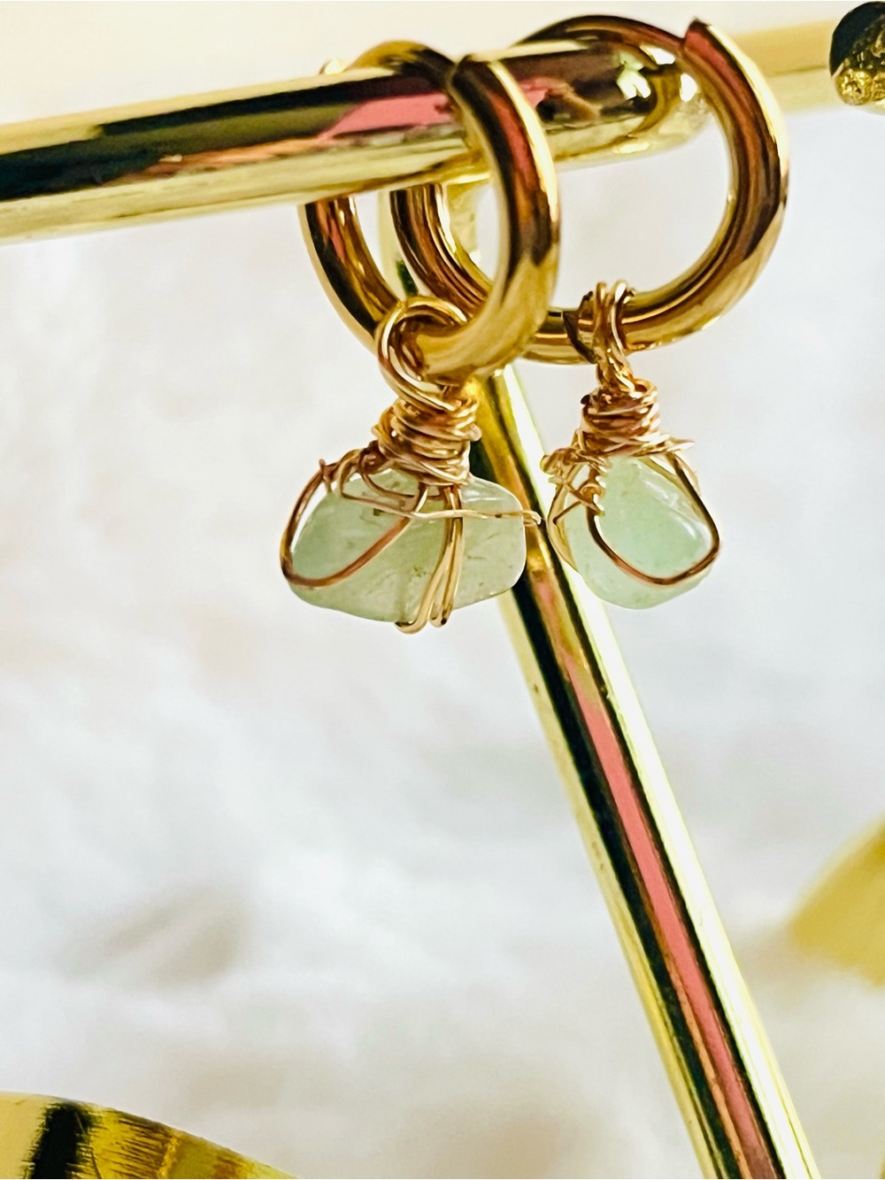Gold Hoop Earrings with green avaenturine stone Dangle